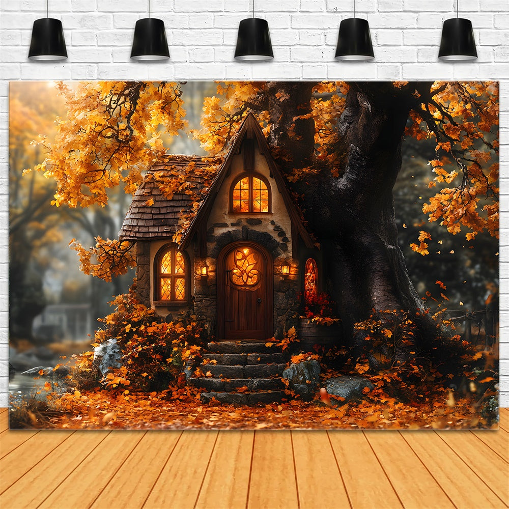 Sfondo Di Foglie Di Acero Della Casa Sull'Albero Della Foresta Autunnale RR9-22