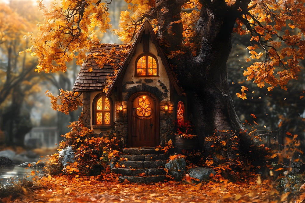 Sfondo Di Foglie Di Acero Della Casa Sull'Albero Della Foresta Autunnale RR9-22