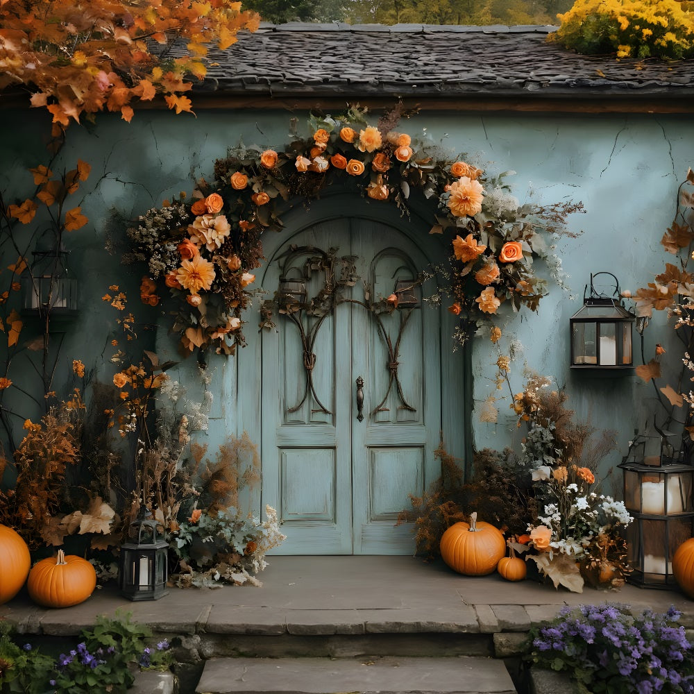 Sfondo Di Fiori Autunnali Con Porta A Muro Verde Vintage RR9-23