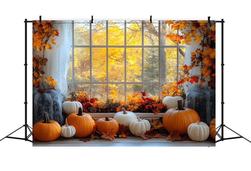 Finestra Degli Alberi Di Acero Autunnali Con Vista Sullo Sfondo Di Zucca RR9-27