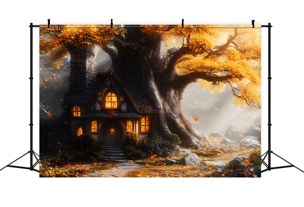 Sfondo Del Sentiero In Pietra Della Casa Sull'Albero Di Acero Autunnale RR9-32