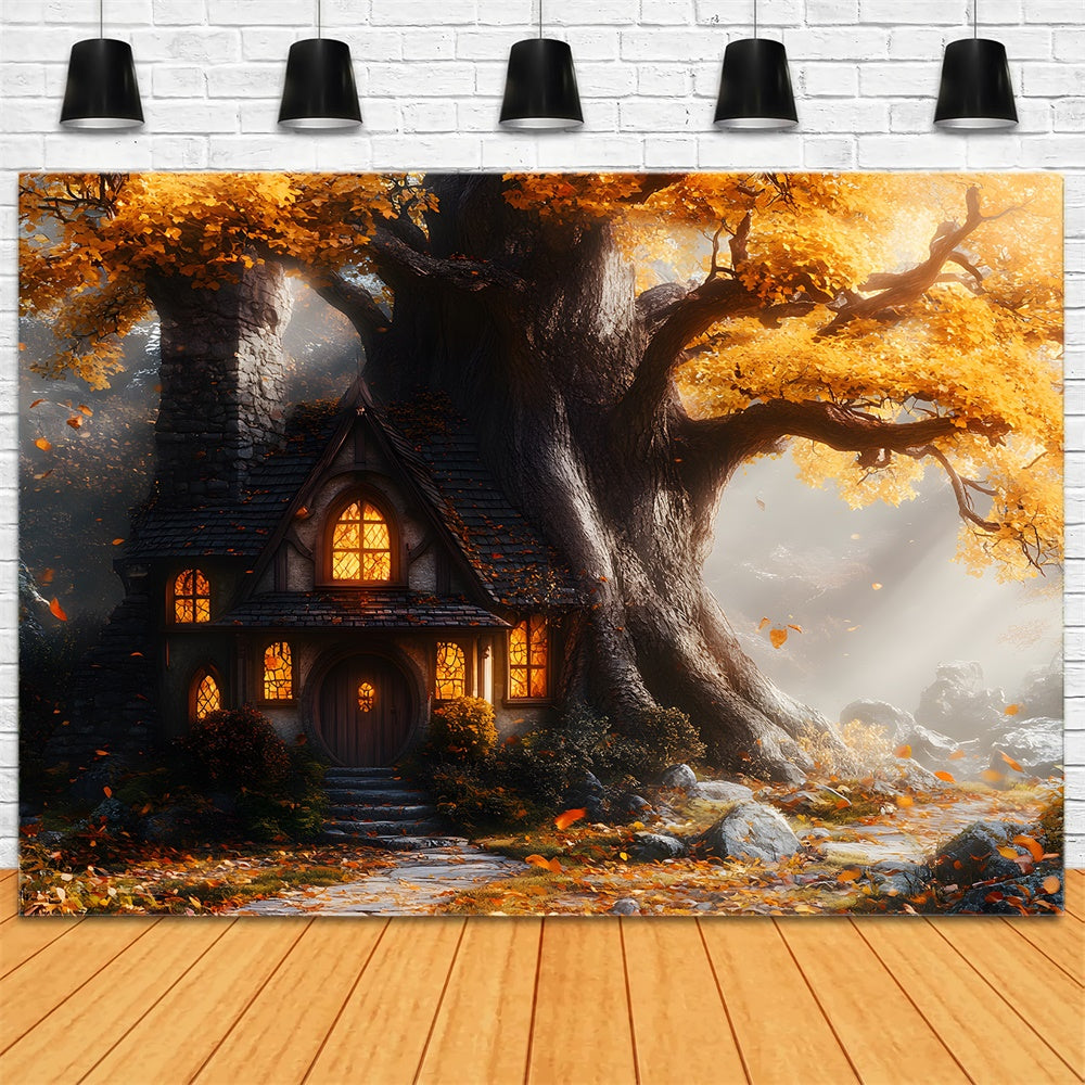 Sfondo Del Sentiero In Pietra Della Casa Sull'Albero Di Acero Autunnale RR9-32