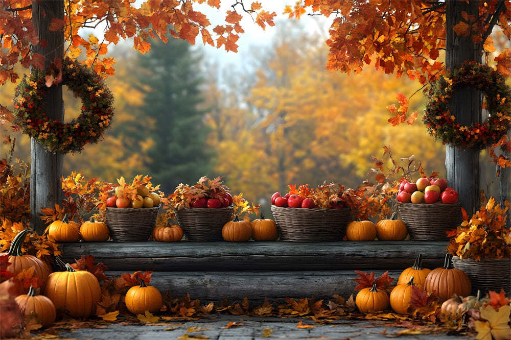 Sfondo Di Foglie D'Acero Della Raccolta Della Frutta Della Zucca Autunnale RR9-34