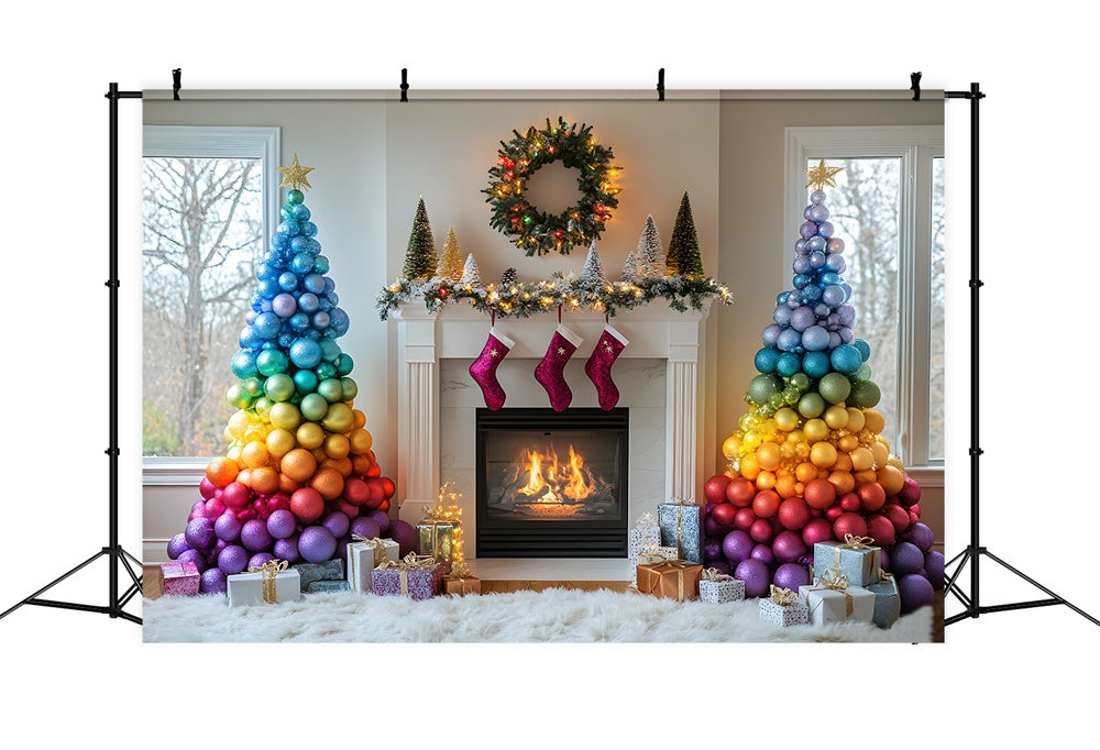 Sfondo Di Camino Albero Di Palline Colorate Di Natale RR9-41