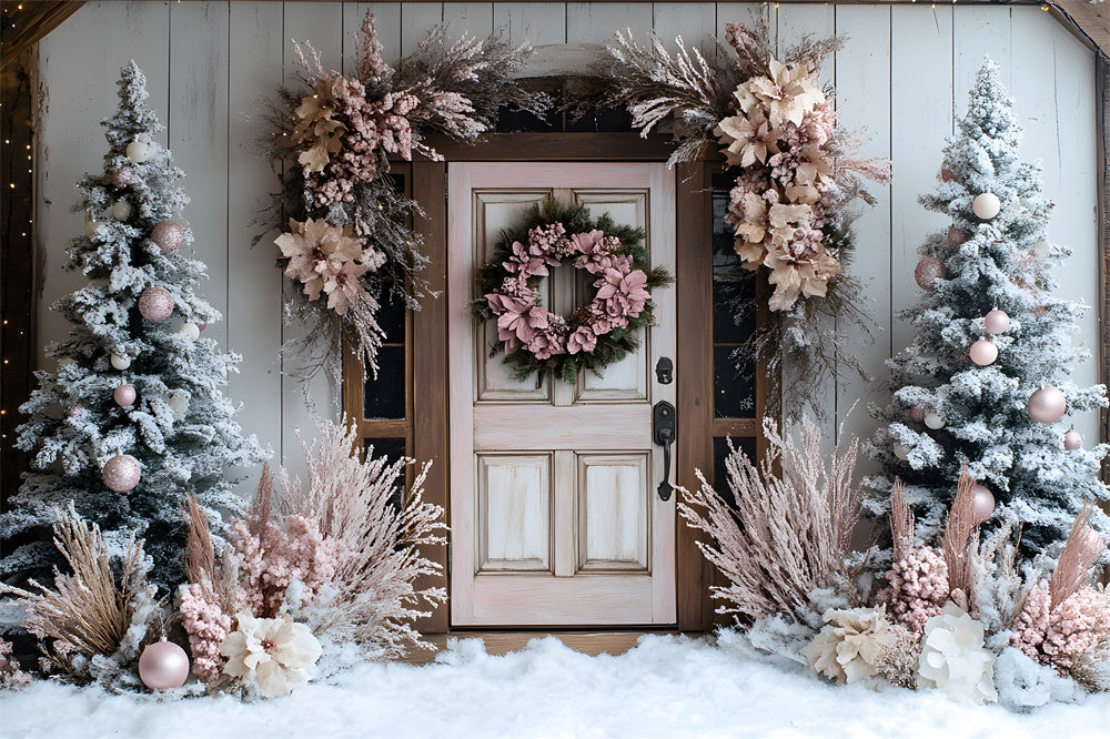 Sfondo Di Alberi Con Ghirlanda Da Muro Per Porta Decorata Con Decorazioni Natalizie RR9-48