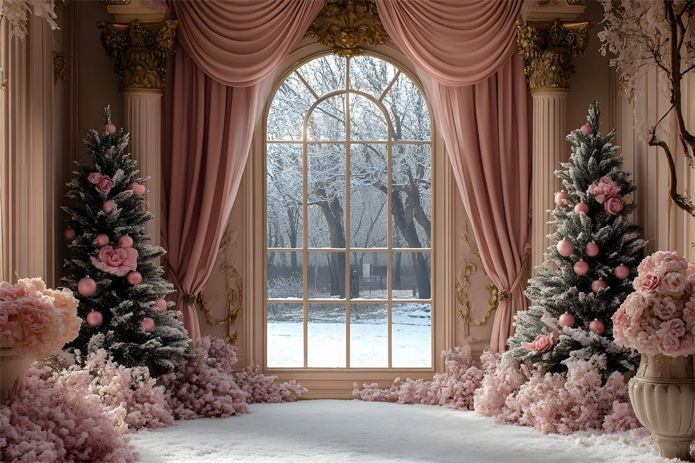 Sfondo Con Vista Sulla Finestra Con Tenda Rosa Per Albero Di Natale RR9-49