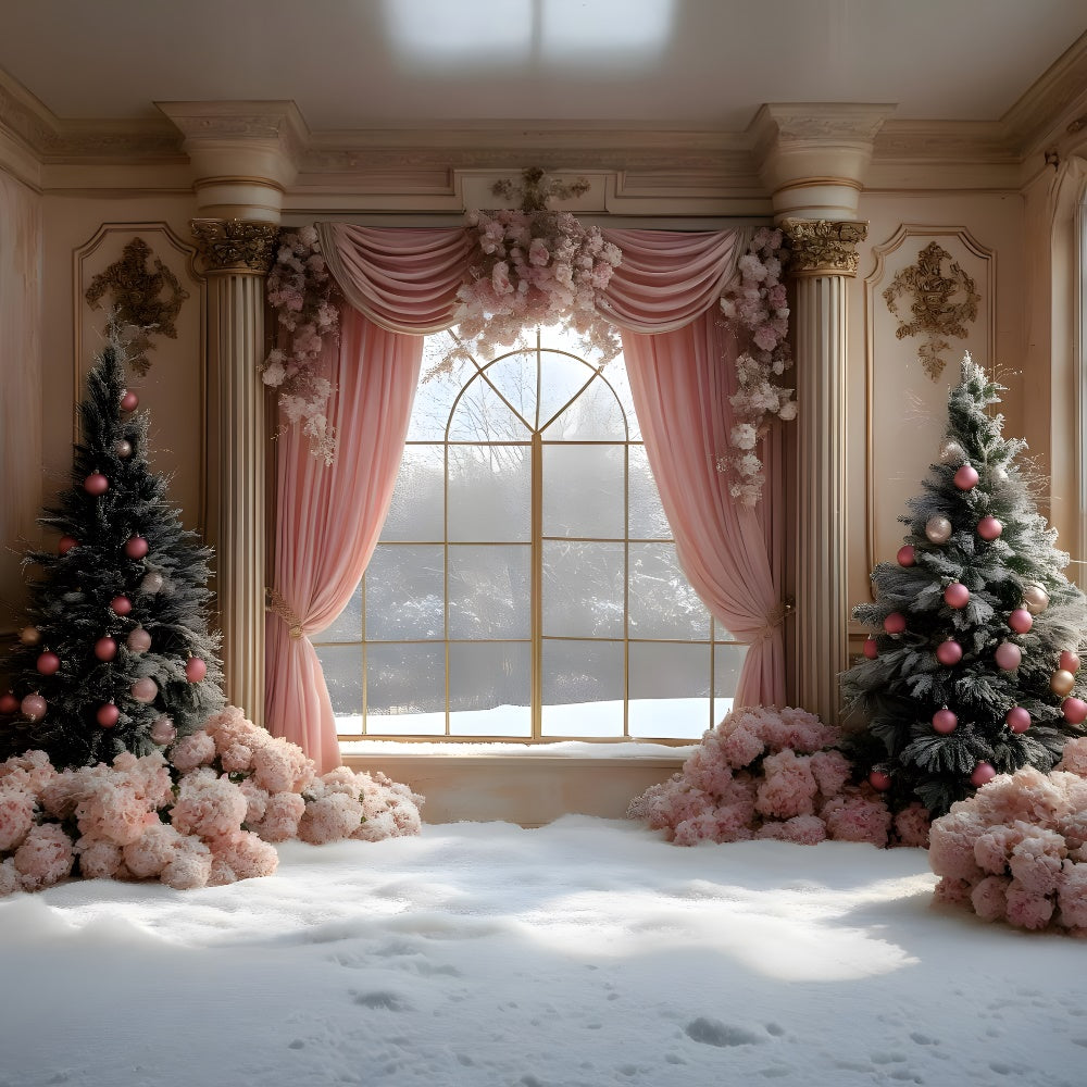 Sfondo Di Vista Della Finestra Del Fiore Della Tenda Rosa Di Natale RR9-67