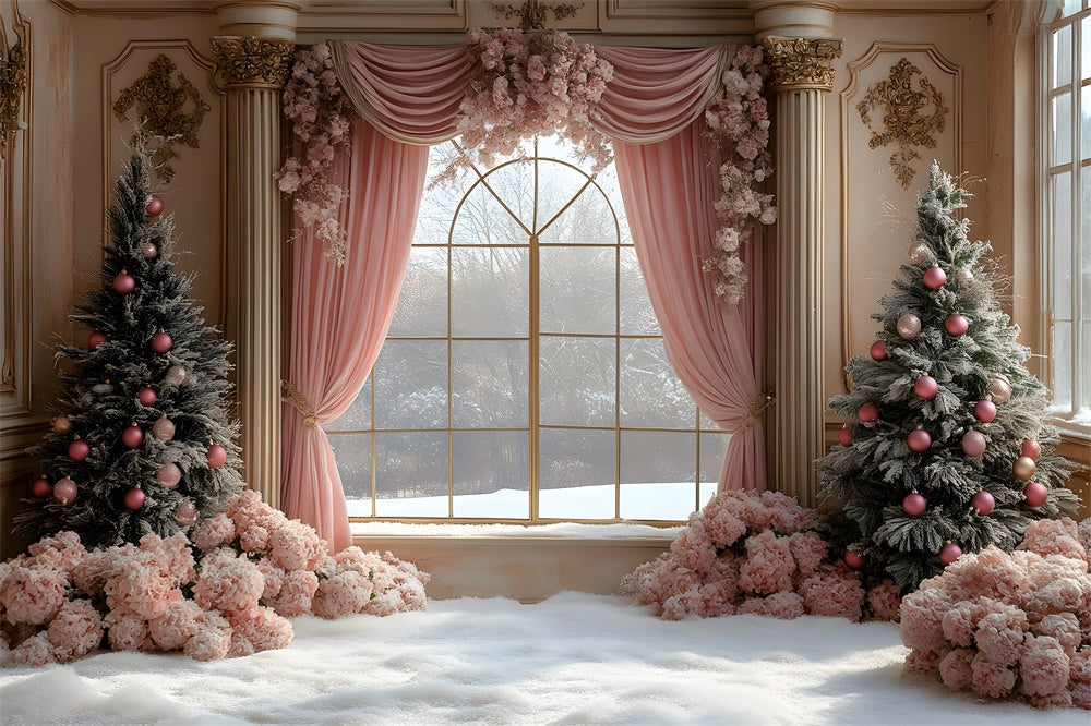 Sfondo Di Vista Della Finestra Del Fiore Della Tenda Rosa Di Natale RR9-67
