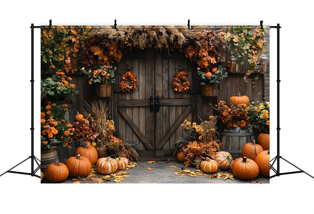 Porta Del Fienile Autunnale Fiori Zucca Sfondo RR9-7