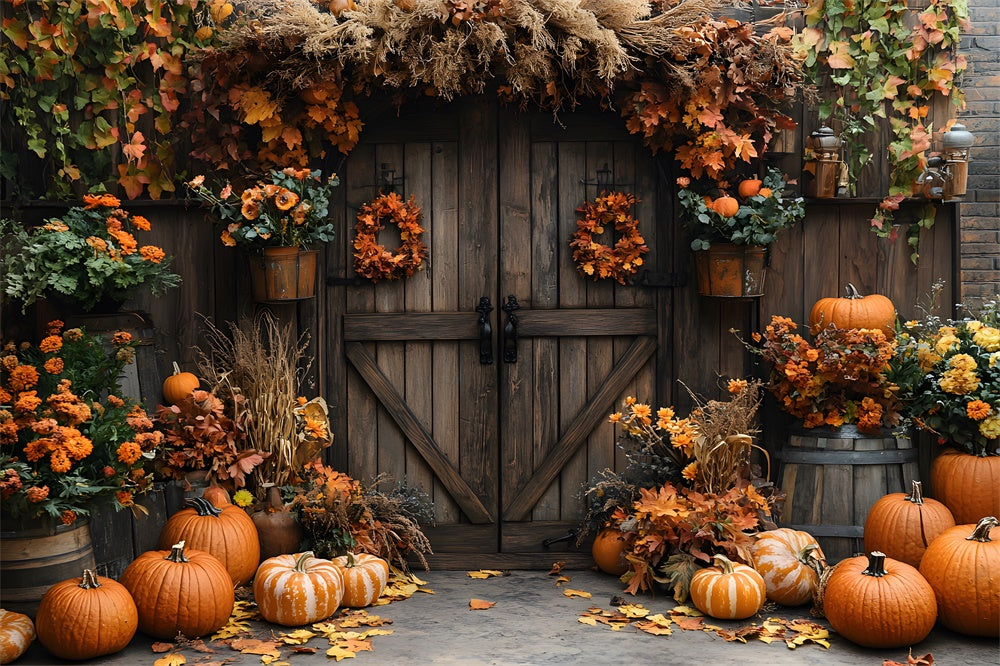Porta Del Fienile Autunnale Fiori Zucca Sfondo RR9-7