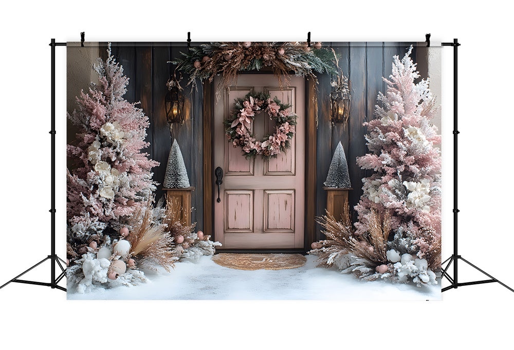 Sfondo Di Neve Con Porta Ghirlanda Di Alberi Di Natale Rosa RR9-77