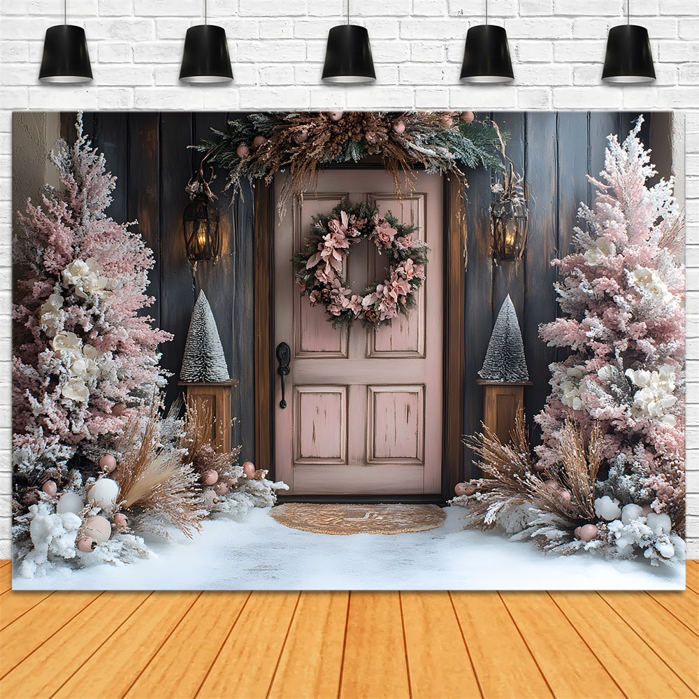 Sfondo Di Neve Con Porta Ghirlanda Di Alberi Di Natale Rosa RR9-77