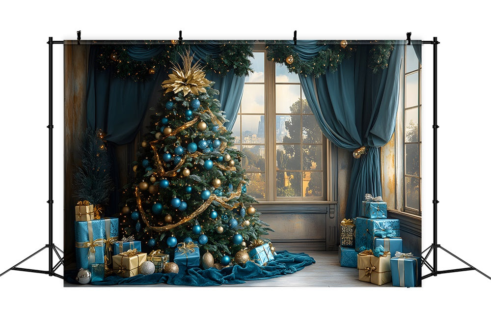 Pallina Di Natale Blu Albero Finestra Vista Citta Sfondo RR9-78