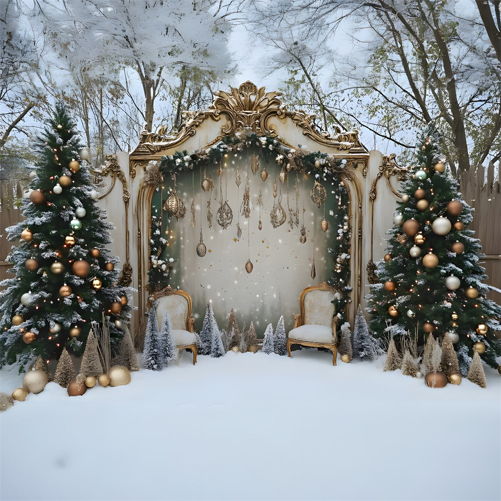 Sfondo Della Porta Dell'Albero Decorato Con Cortile Di Natale Innevato RR9-79