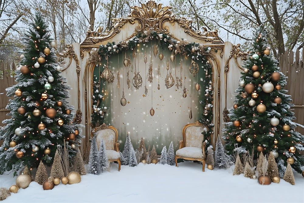 Sfondo Della Porta Dell'Albero Decorato Con Cortile Di Natale Innevato RR9-79