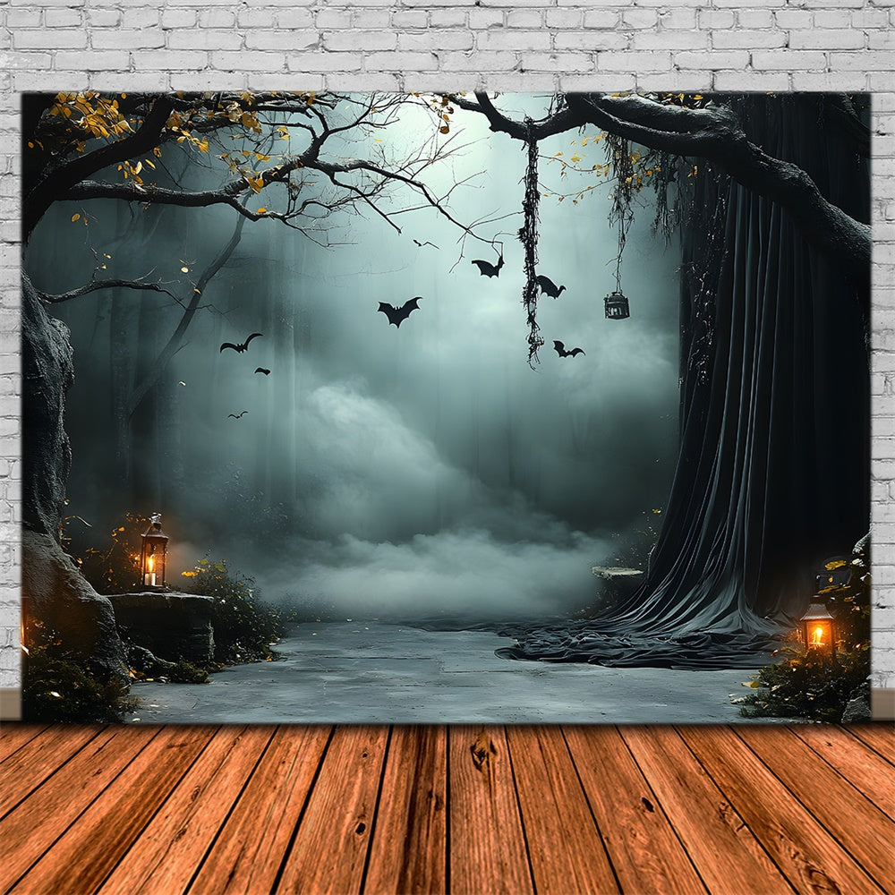 Sfondo Di Halloween Con Alberi Nebbiosi Pipistrelli E Lanterne RR9-91
