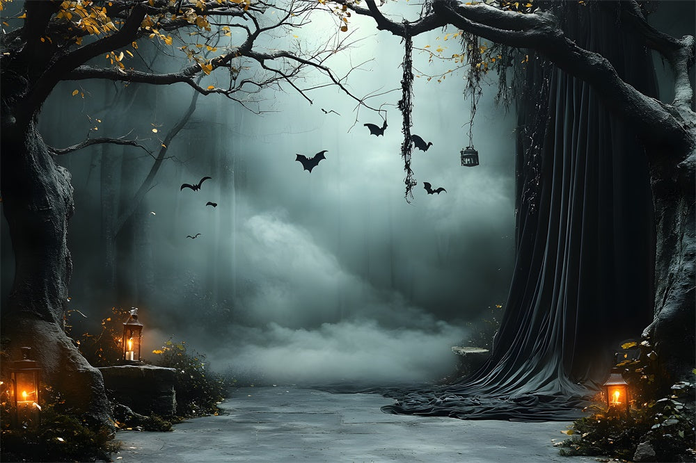 Sfondo Di Halloween Con Alberi Nebbiosi Pipistrelli E Lanterne RR9-91