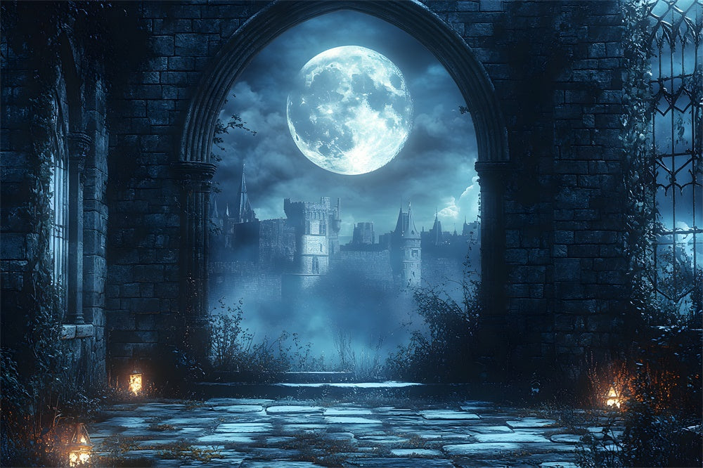 Sfondo Della Porta Ad Arco Del Castello Della Luna Piena Di Halloween RR9-93
