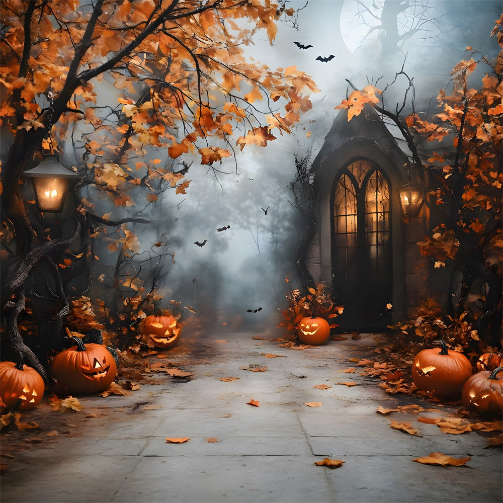 Sfondo Di Casa Di Zucca Con Foglie Di Acero Di Halloween RR9-95