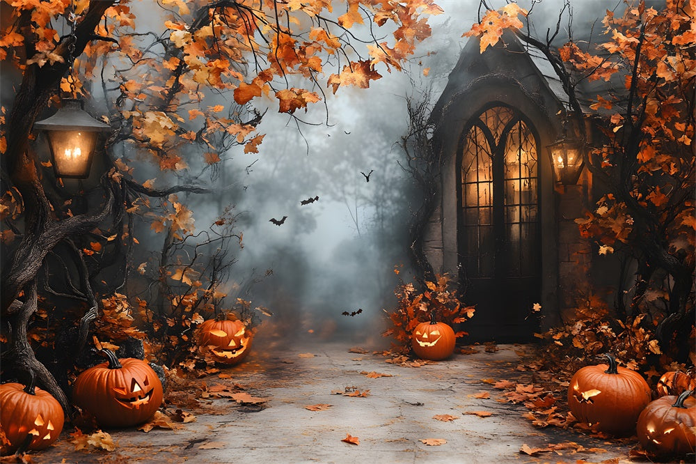 Sfondo Di Casa Di Zucca Con Foglie Di Acero Di Halloween RR9-95