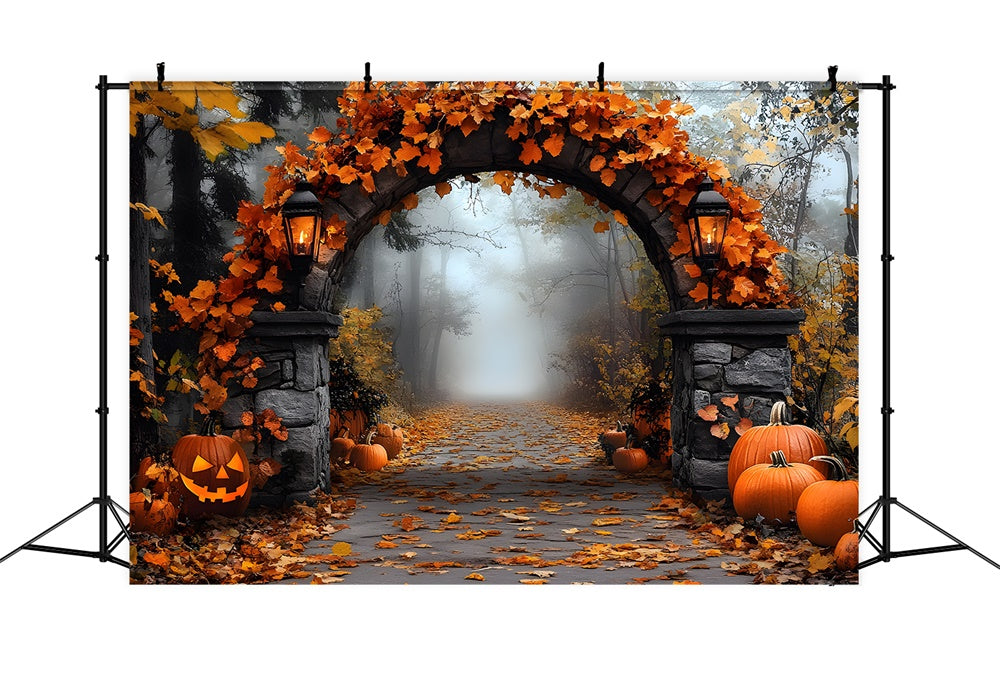 Sfondo Di Foglie Di Acero Con Arco In Pietra Di Halloween RR9-97
