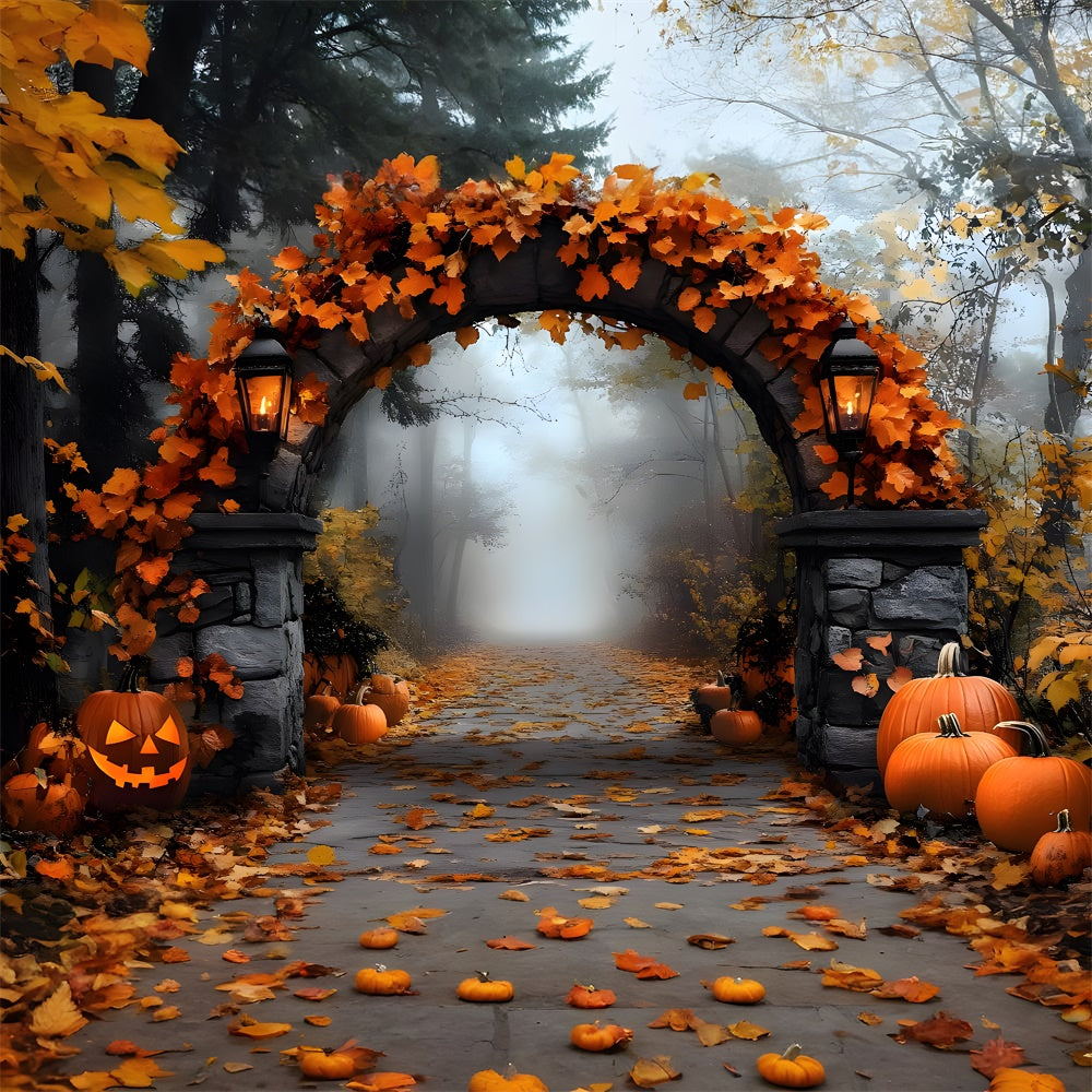 Sfondo Di Foglie Di Acero Con Arco In Pietra Di Halloween RR9-97