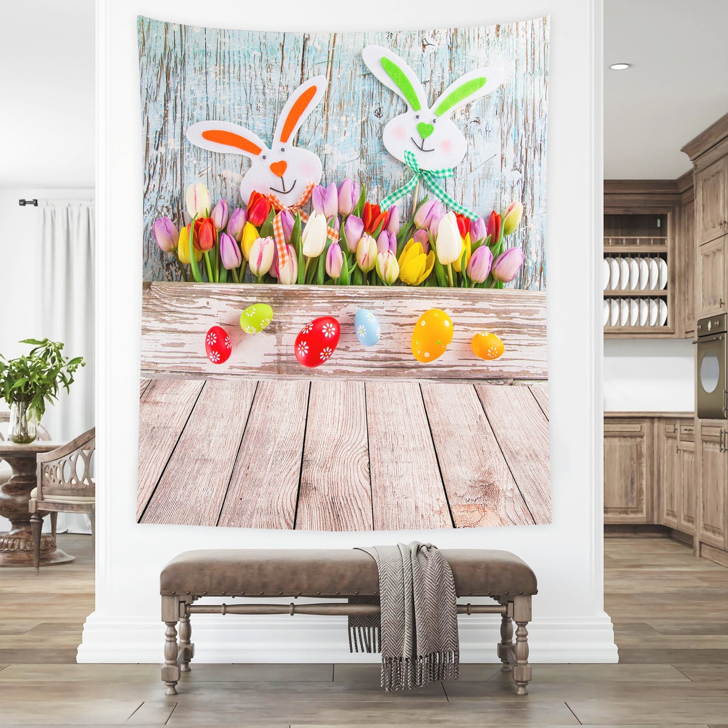 Sfondo Di Decorazioni Di Fiori Primaverili Di Uova Di Pasqua Coniglietto Per Studio Fotografico S-897