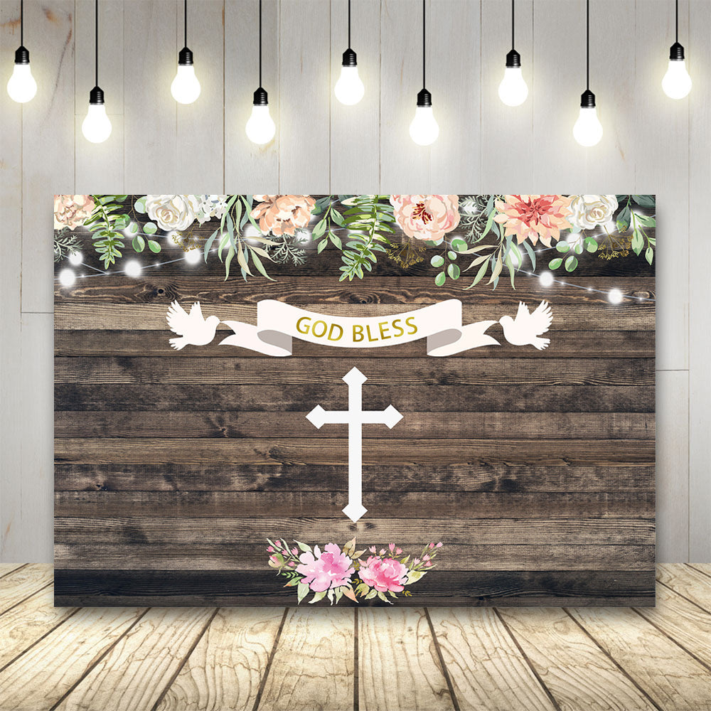 Sfondo Per Baby Shower Personalizzato In Legno Con Croce Di Fiori TKH1520