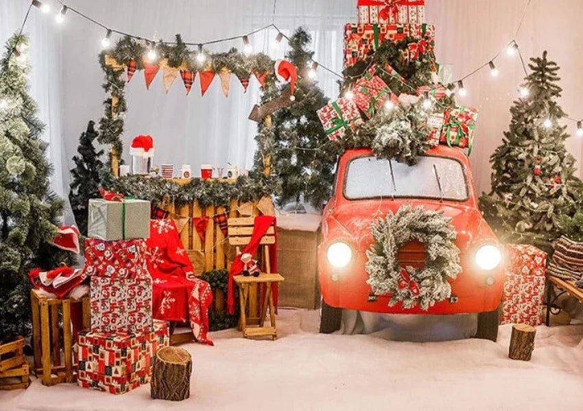 Auto Rossa Decorazioni Natalizie Luci Di Capodanno Sfondo Fotografico KAT-181