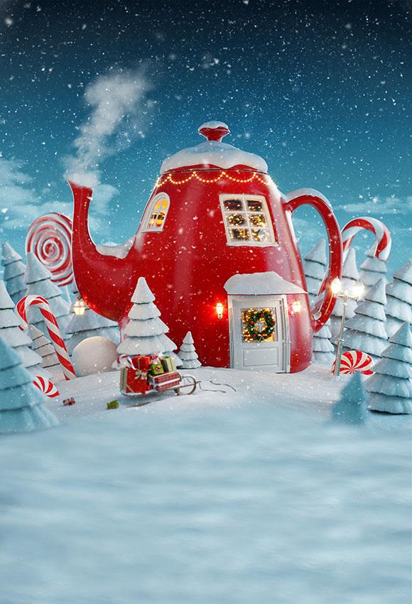 Fondale Per Servizio Fotografico Sulla Neve Della Casa Da Te Della Notte Di Natale LV-983