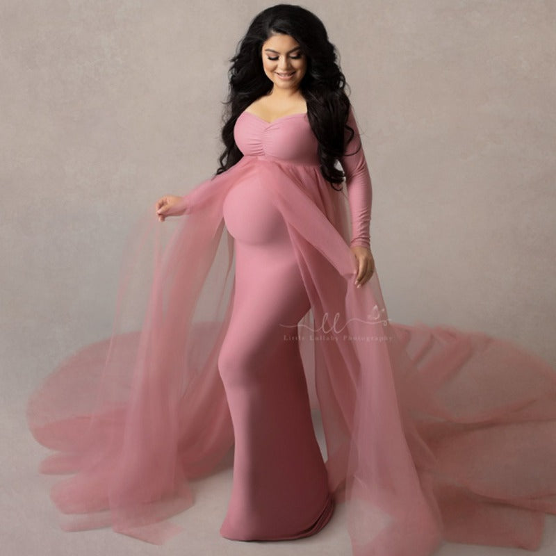 Abito Fotografico Premaman A Maniche Lunghe Con Scollo A V In Tulle Elasticizzato Con Coda Lunga RB12