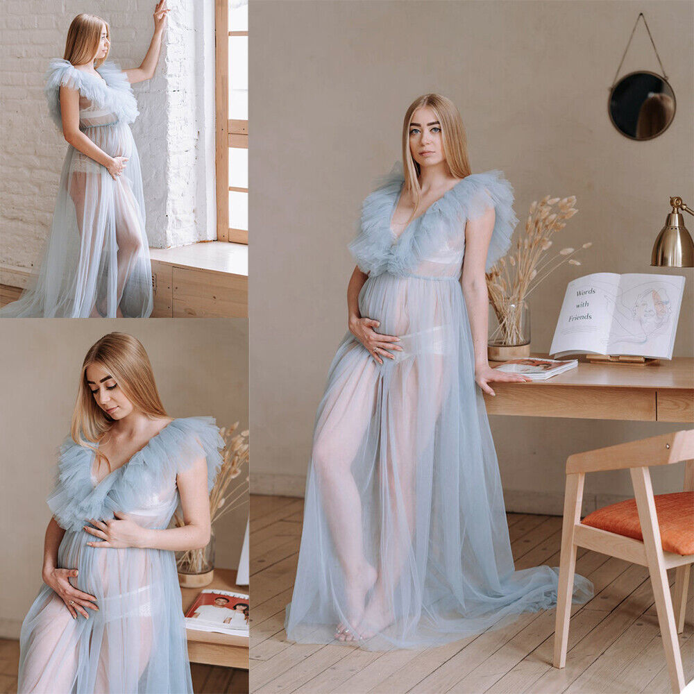 Abito Fotografico Premaman Lungo Fino Al Pavimento In Tulle Con Scollo A V E Scollo A V RB14
