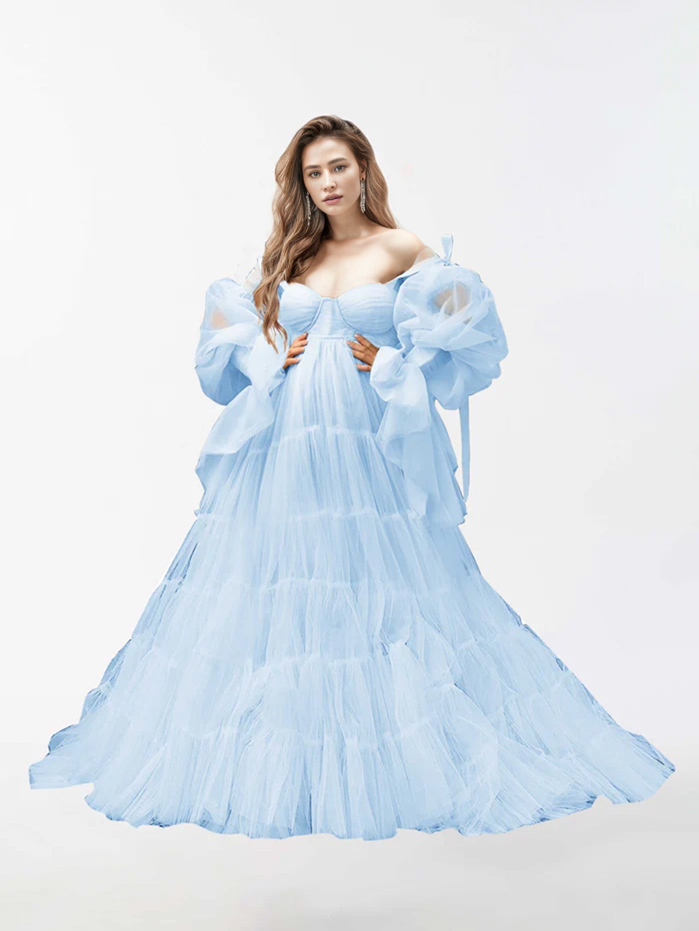 Abito Premaman A Maniche Lunghe Trasparente In Tulle Con Linea A Per Fotografia RB2