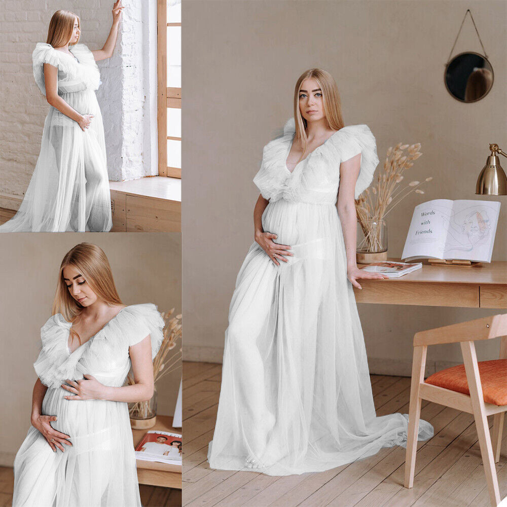 Abito Fotografico Premaman Lungo Fino Al Pavimento In Tulle Con Scollo A V E Scollo A V RB14