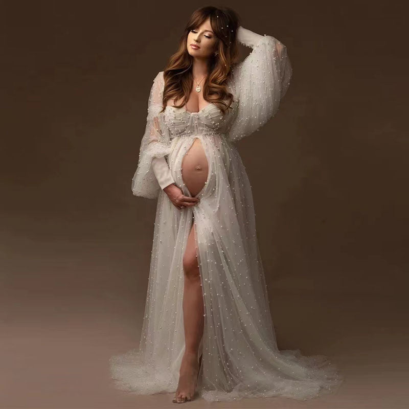 Abito Fotografico Premaman A Maniche Lunghe Con Perline E Pizzo Rifinito RB10