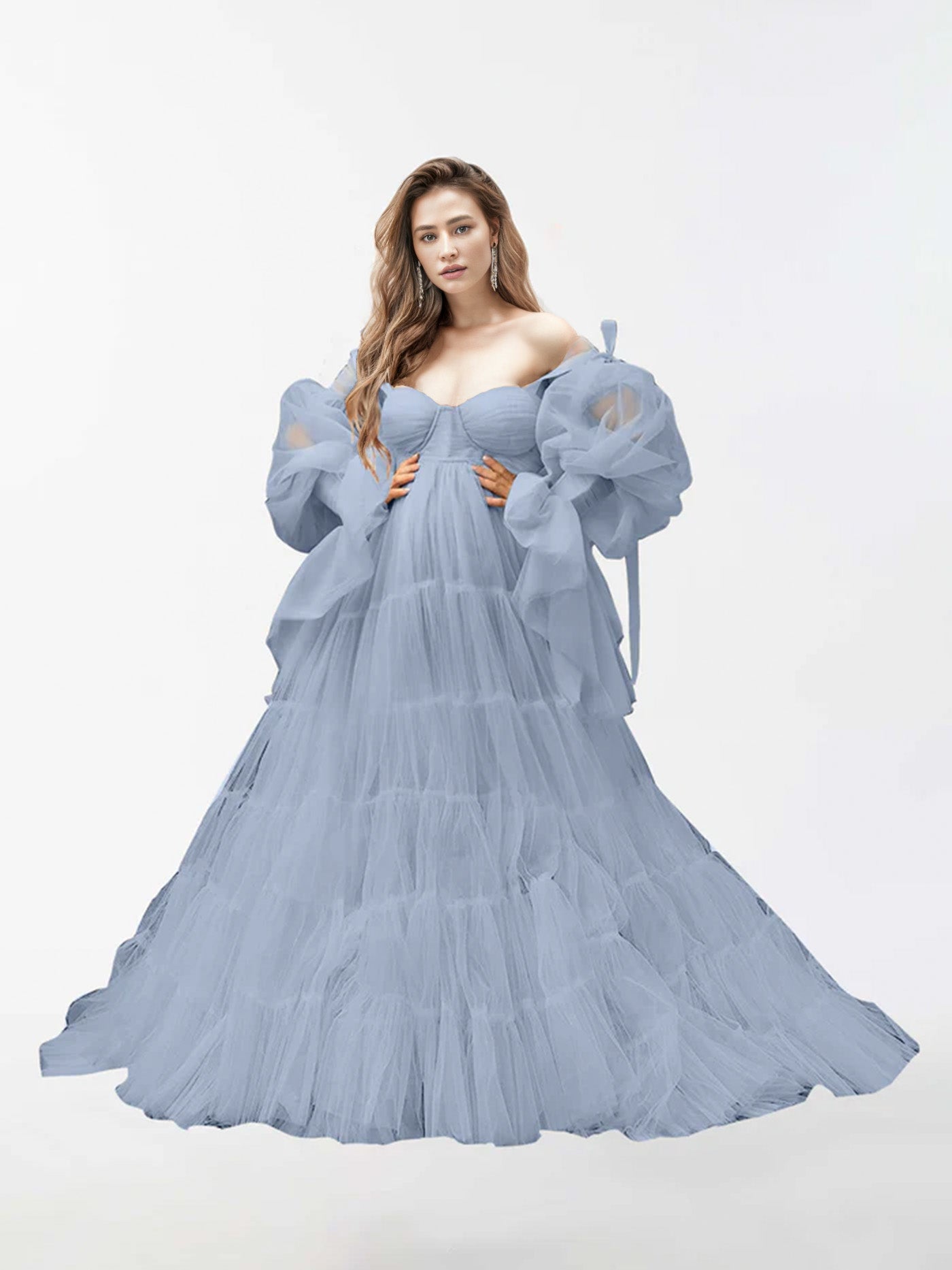 Abito Premaman A Maniche Lunghe Trasparente In Tulle Con Linea A Per Fotografia RB2