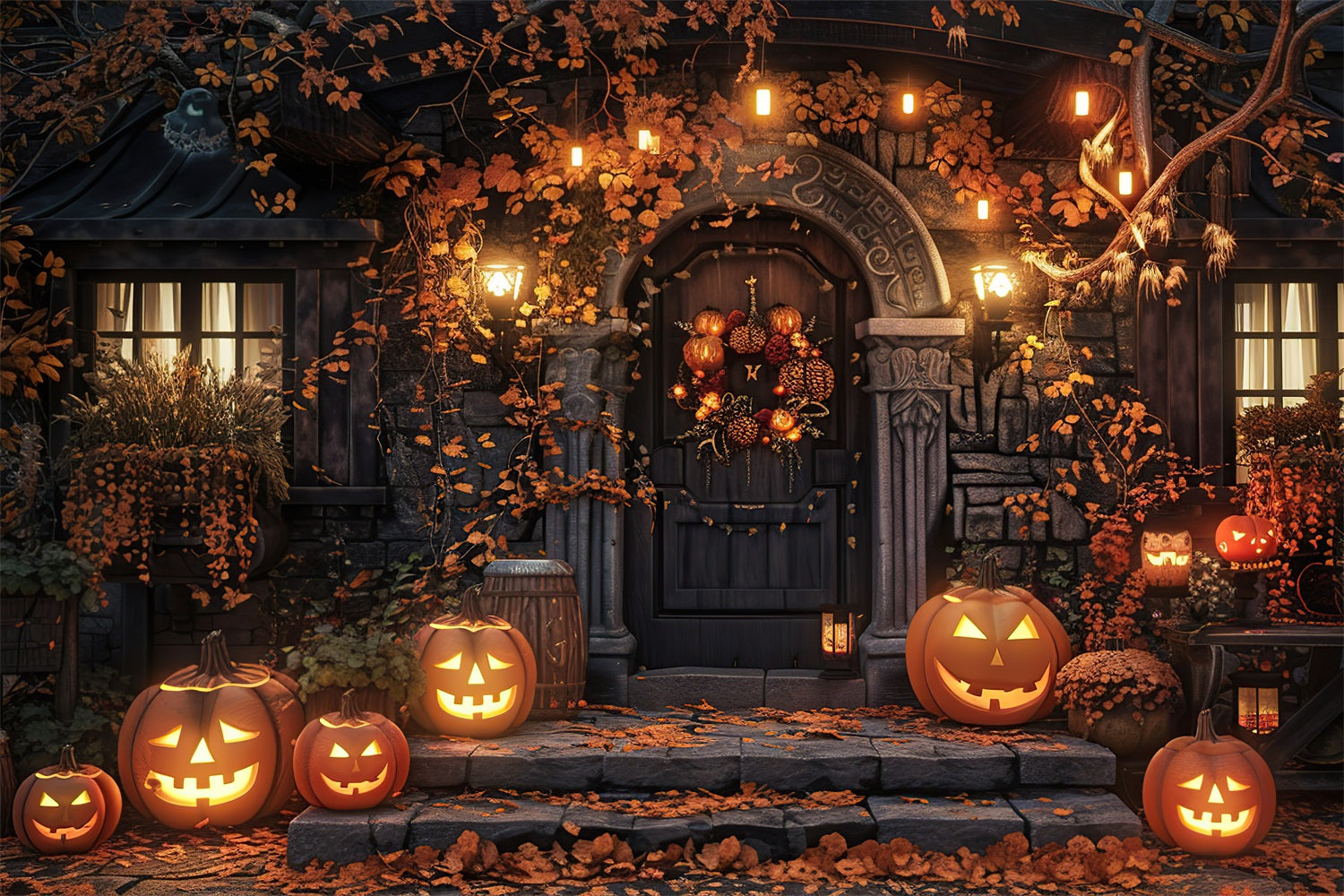 Fondali Fotografici Di Halloween Sfondo Di Zucche Inquietanti In Una Casa Stregata BRP10-169