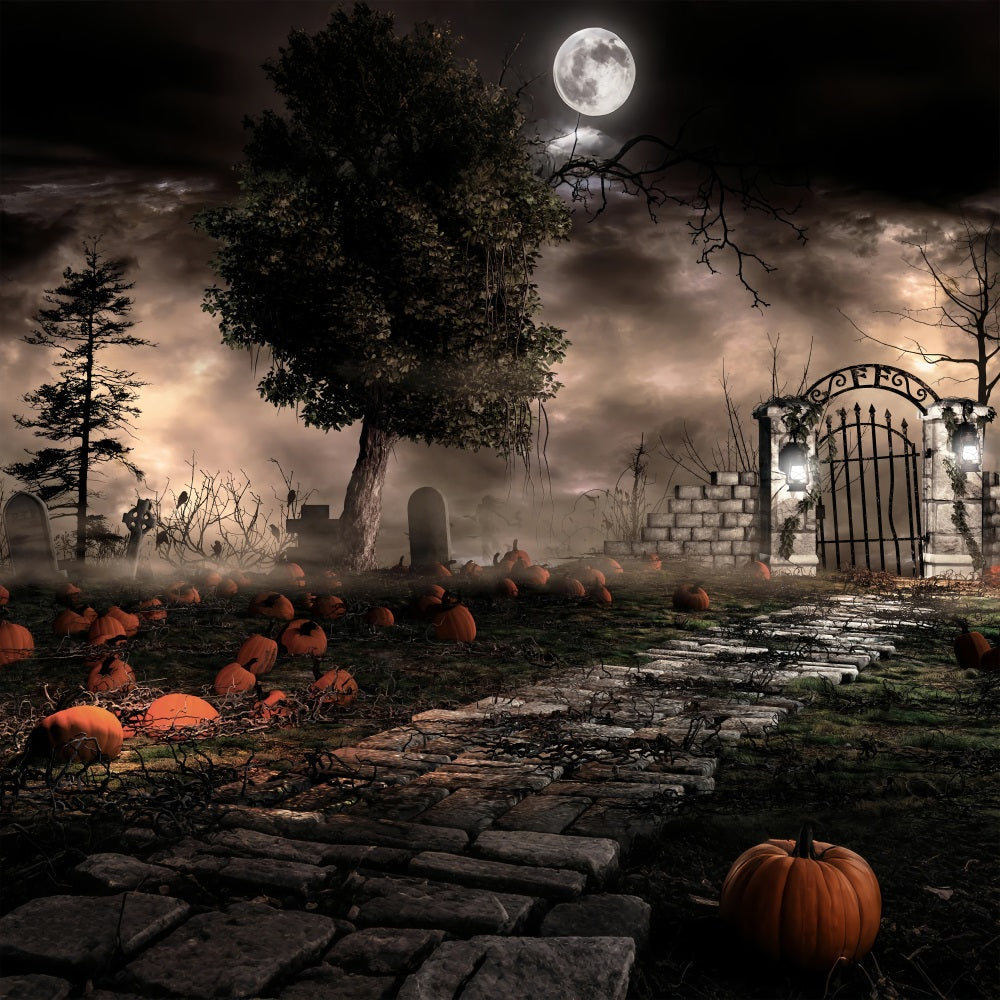 Sfondo Di Halloween Fotografia Spooky Graveyard Zucche Nebbia Sfondo BRP10-174