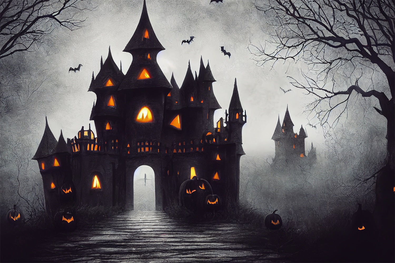 Sfondo Di Foto Di Halloween Castello Spettrale Pipistrelli Zucche Sfondo BRP10-189