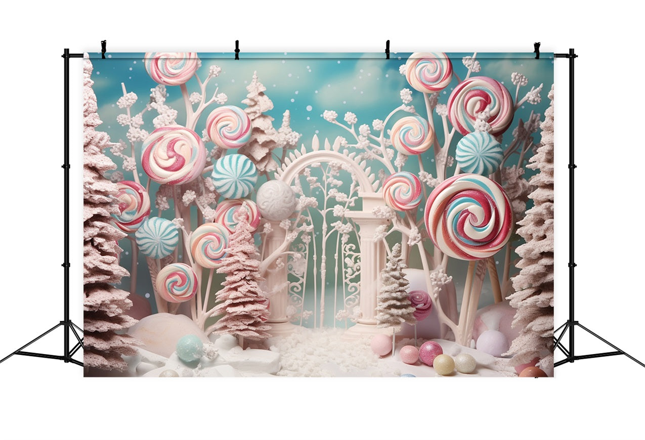 Sfondo Invernale Con Lecca-Lecca Colorati Foresta Di Caramelle Fiaba Invernale BRP10-19