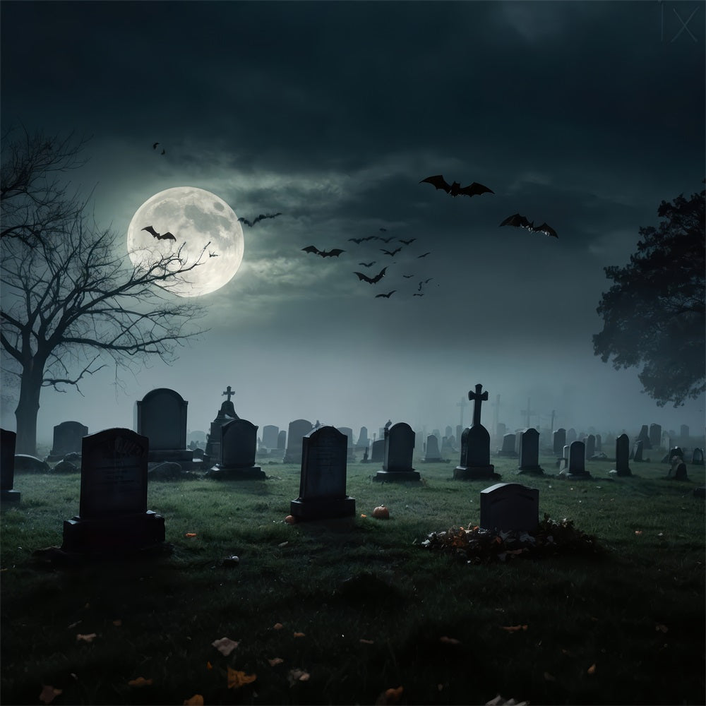 Sfondo Di Halloween Fotografia Luna Piena Cimitero Pipistrelli Sfondo BRP10-191