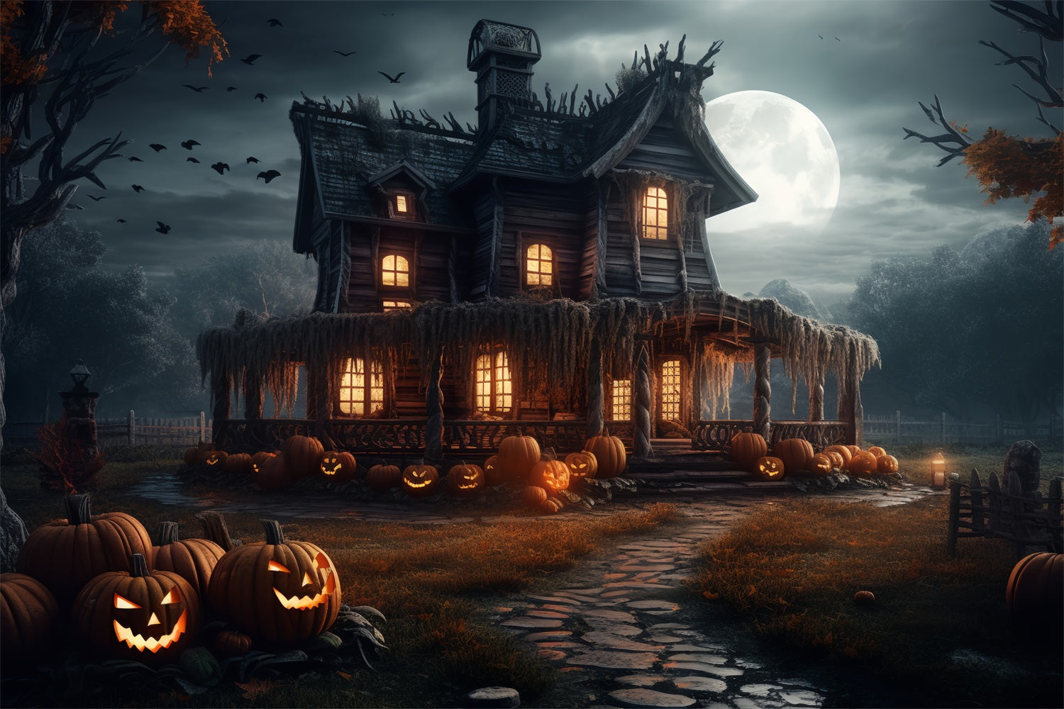 Sfondo Di Halloween Spooky House Zucche Sfondo Al Chiaro Di Luna BRP10-202