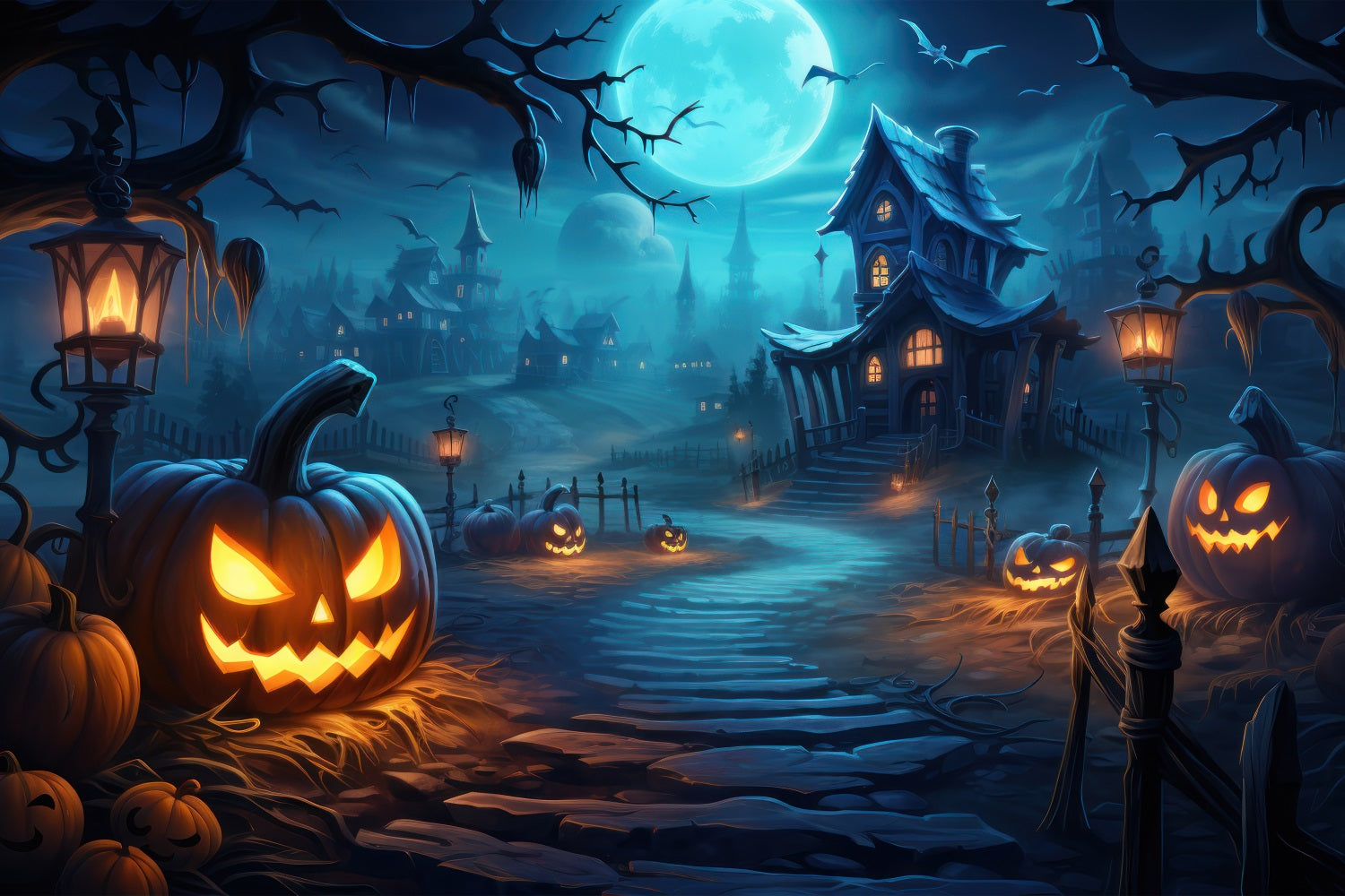 Sfondo Del Villaggio Di Halloween Zucche Pipistrelli Sfondo BRP10-204