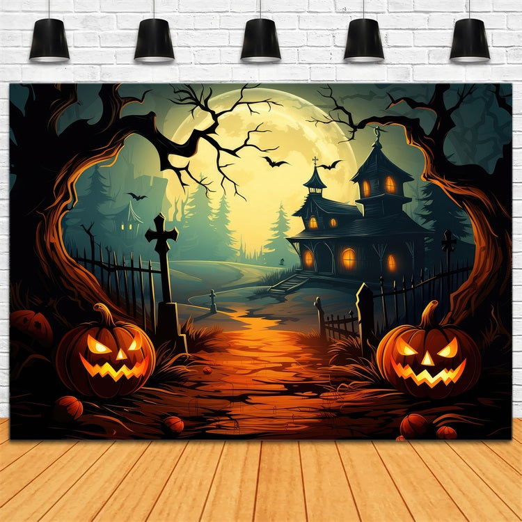 Sfondo Di Halloween Casa Stregata Percorso Zucche Luna Sfondo BRP10-206