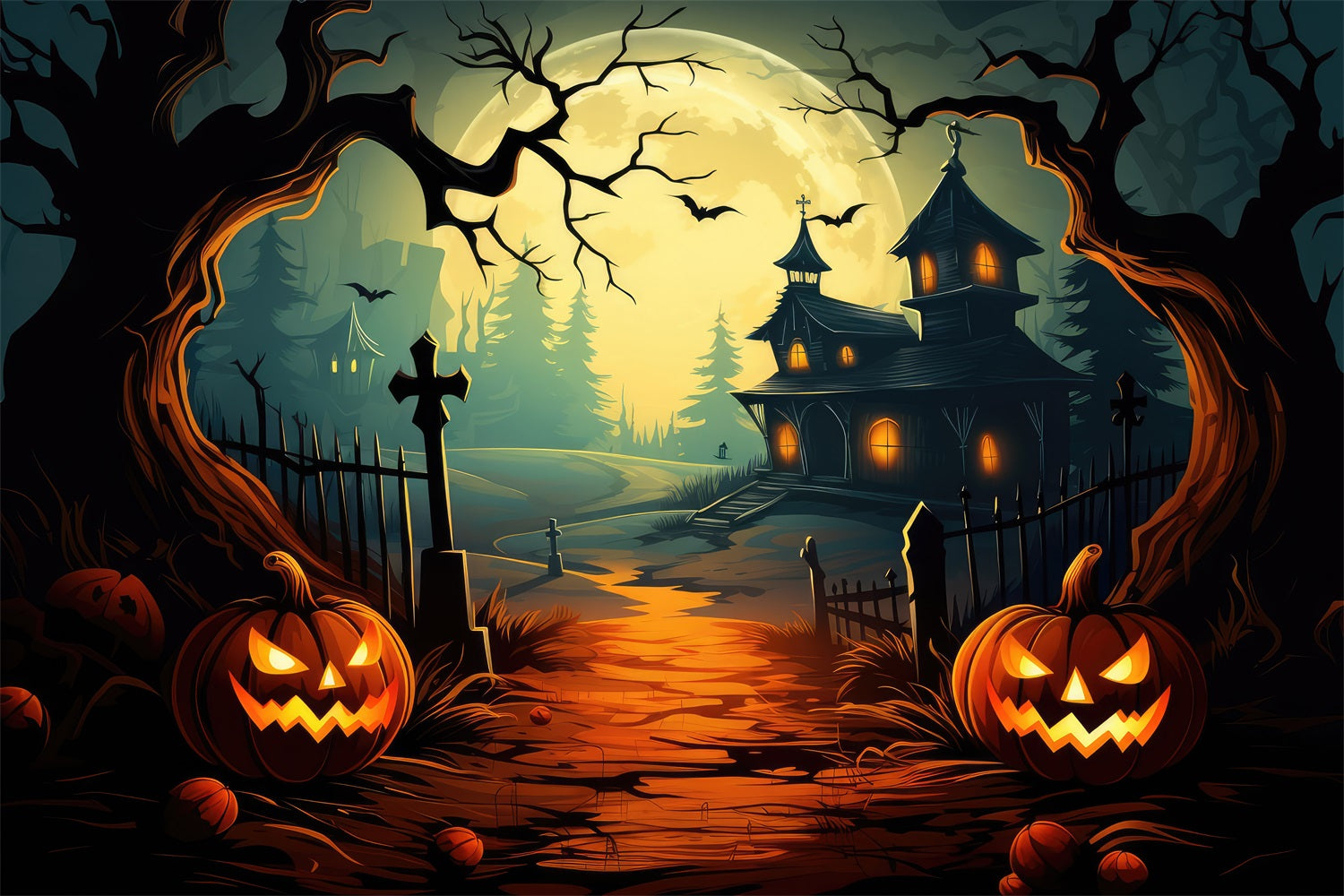 Sfondo Di Halloween Casa Stregata Percorso Zucche Luna Sfondo BRP10-206