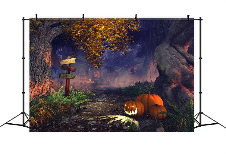Sfondo Di Casa Stregata Di Halloween Sfondo Di Zucche Di Foresta Nebbiosa BRP10-207