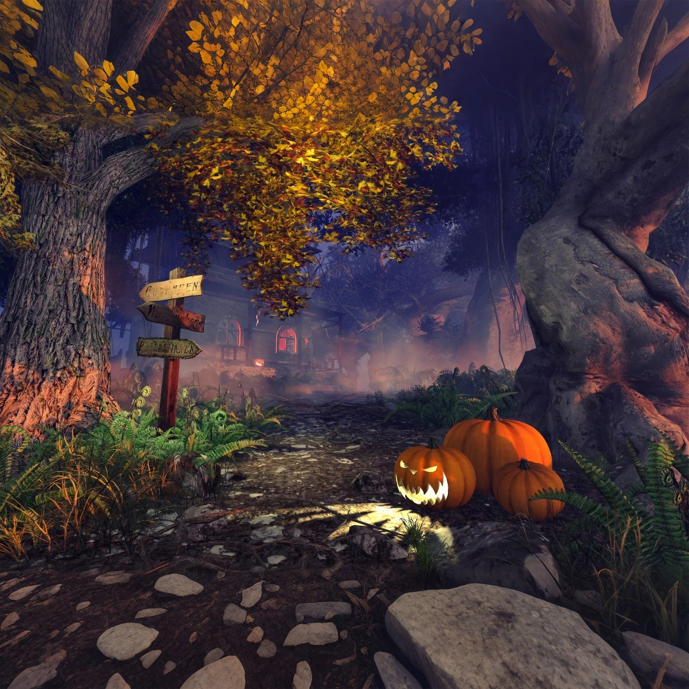 Sfondo Di Casa Stregata Di Halloween Sfondo Di Zucche Di Foresta Nebbiosa BRP10-207