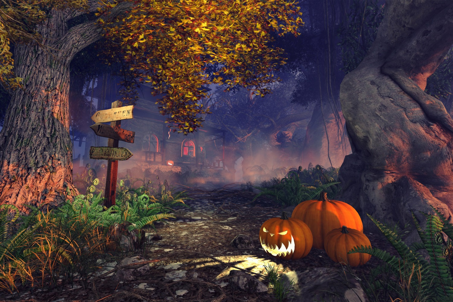 Sfondo Di Casa Stregata Di Halloween Sfondo Di Zucche Di Foresta Nebbiosa BRP10-207