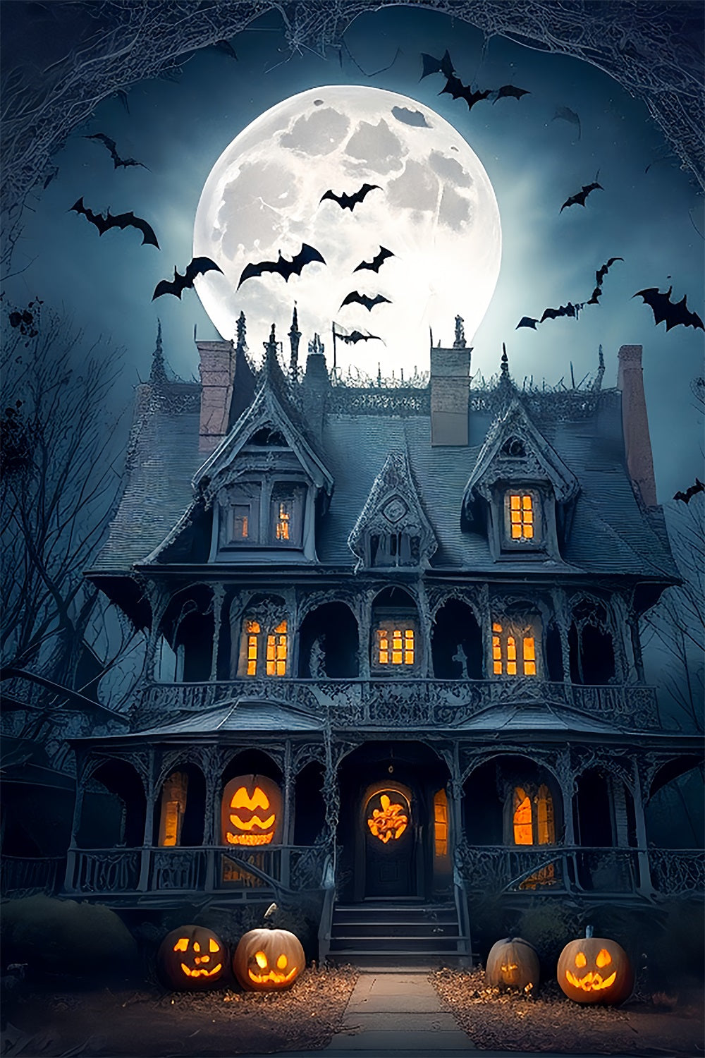 Sfondo Di Halloween Luna Piena Palazzo Gotico Pipistrelli Sfondo BRP10-222