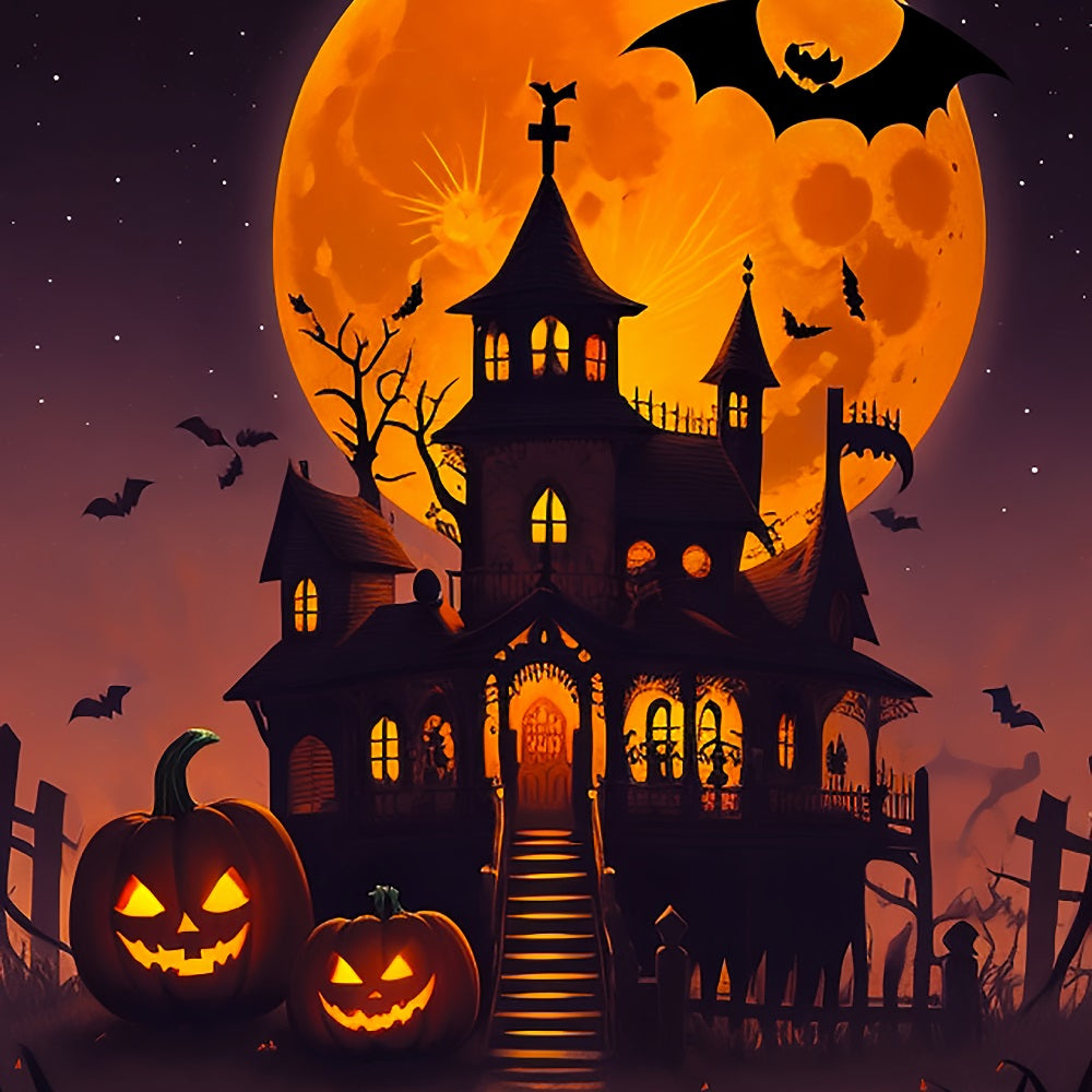 Sfondo Di Halloween Raccapricciante Sfondo Di Casa Stregata Con Luna Arancione BRP10-225
